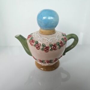 Pink Floral Mini Teapot Blue Ball Lid Green Handle Ceramic Kitchen Decor